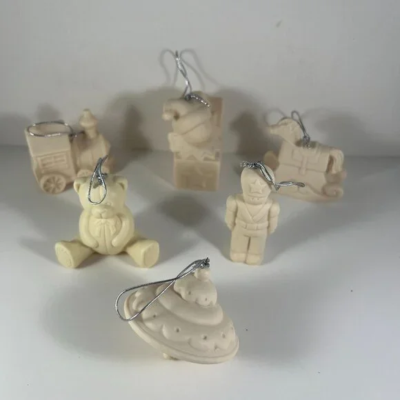 Set Of 6 Unpainted Ceramic Christmas Ornaments With Silver String Hangers - Picture 2 of 10